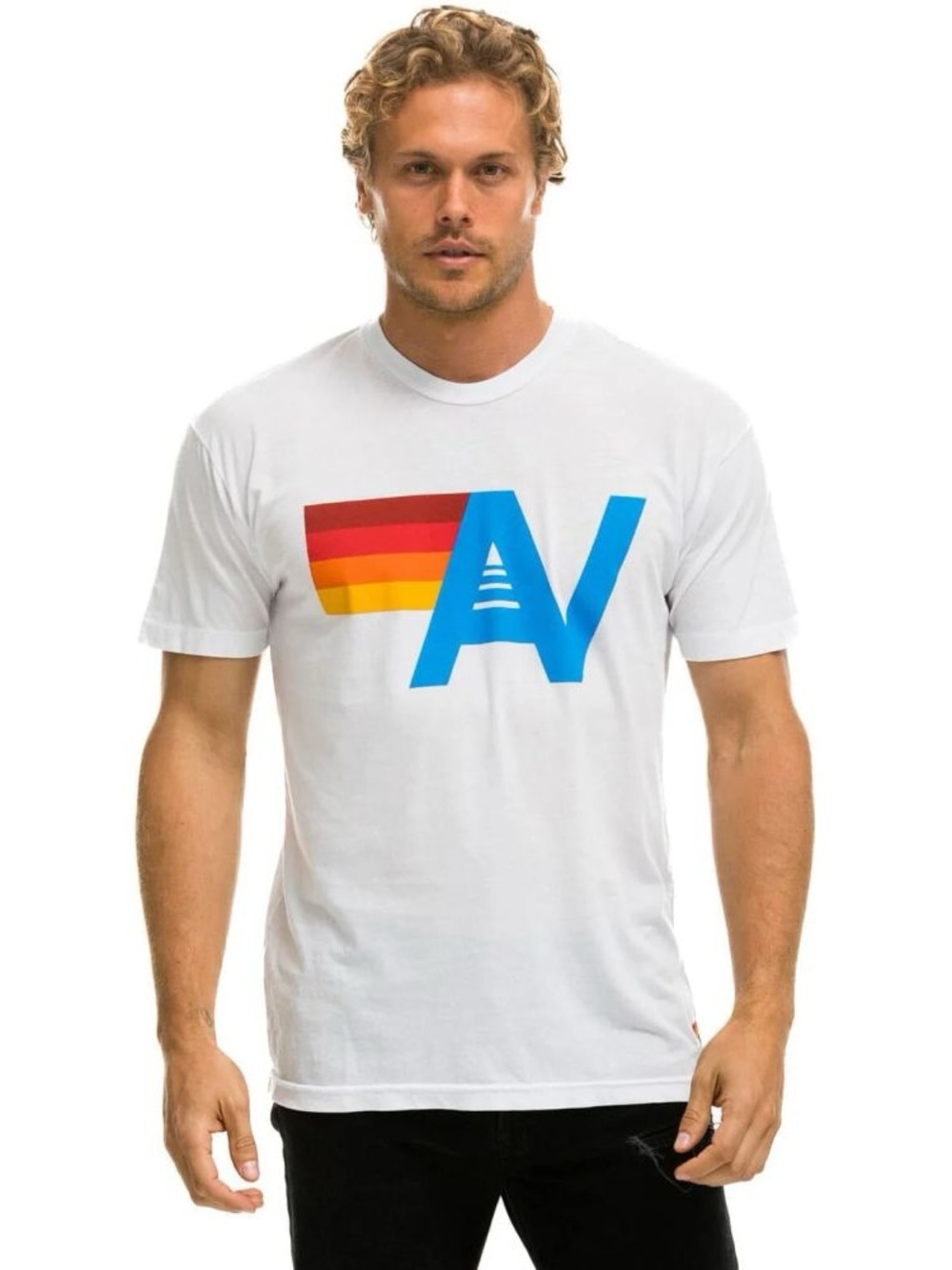 Aviator Nation White Tee with Retro Red-Orange-Yellow Stripe & Blue AV Logo XXL